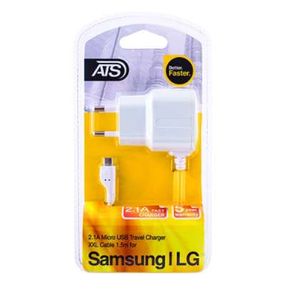 ATS 2.1A Micro USB Сетевое зарядное устройство со встроенным 1.5M кабелем ATS 2.1A Micro USB Сетевое зарядное устройство со встроенным 1.5M кабелем